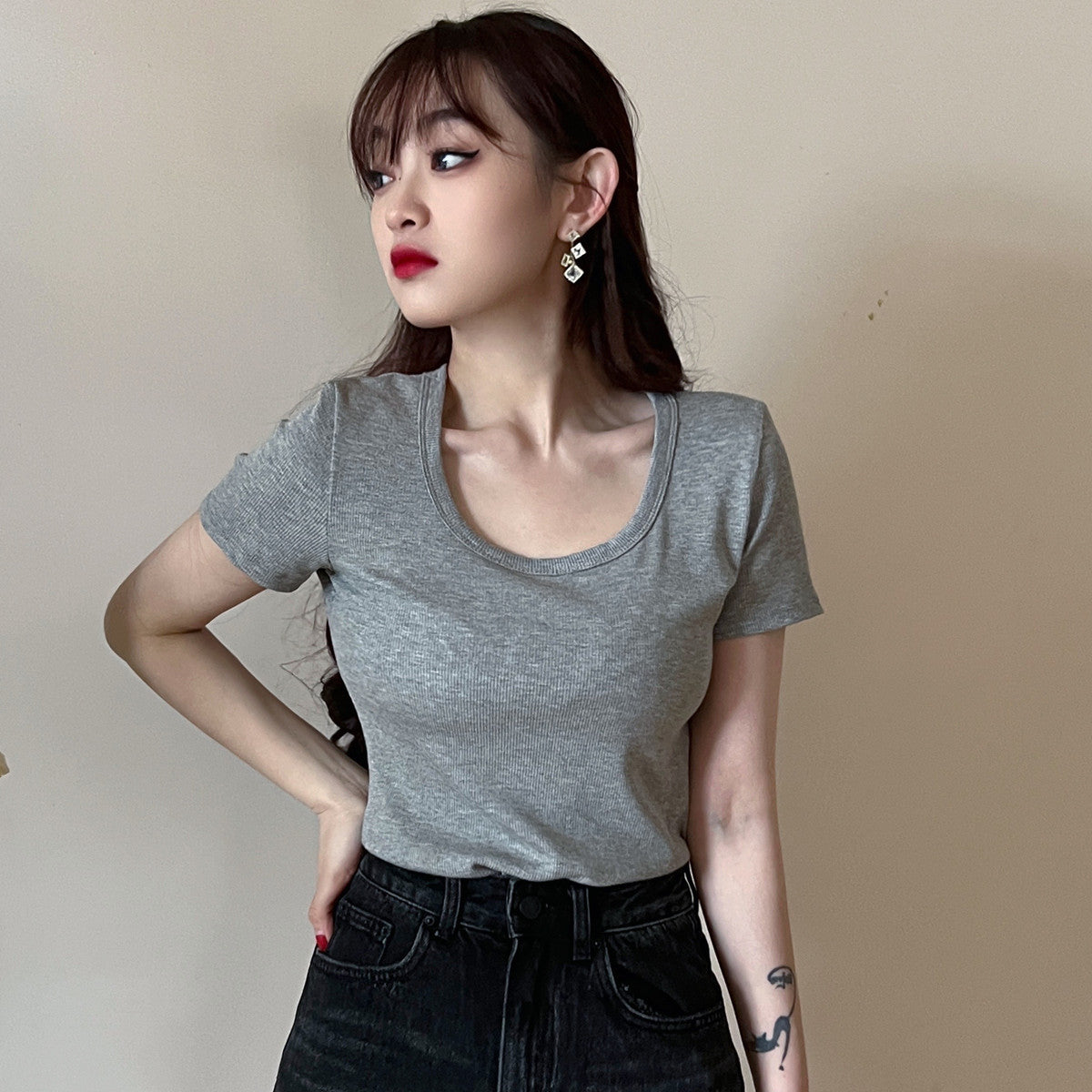 Threaded Cotton Short  T-Shirt Versatile Round Neck Half Sleeve Top