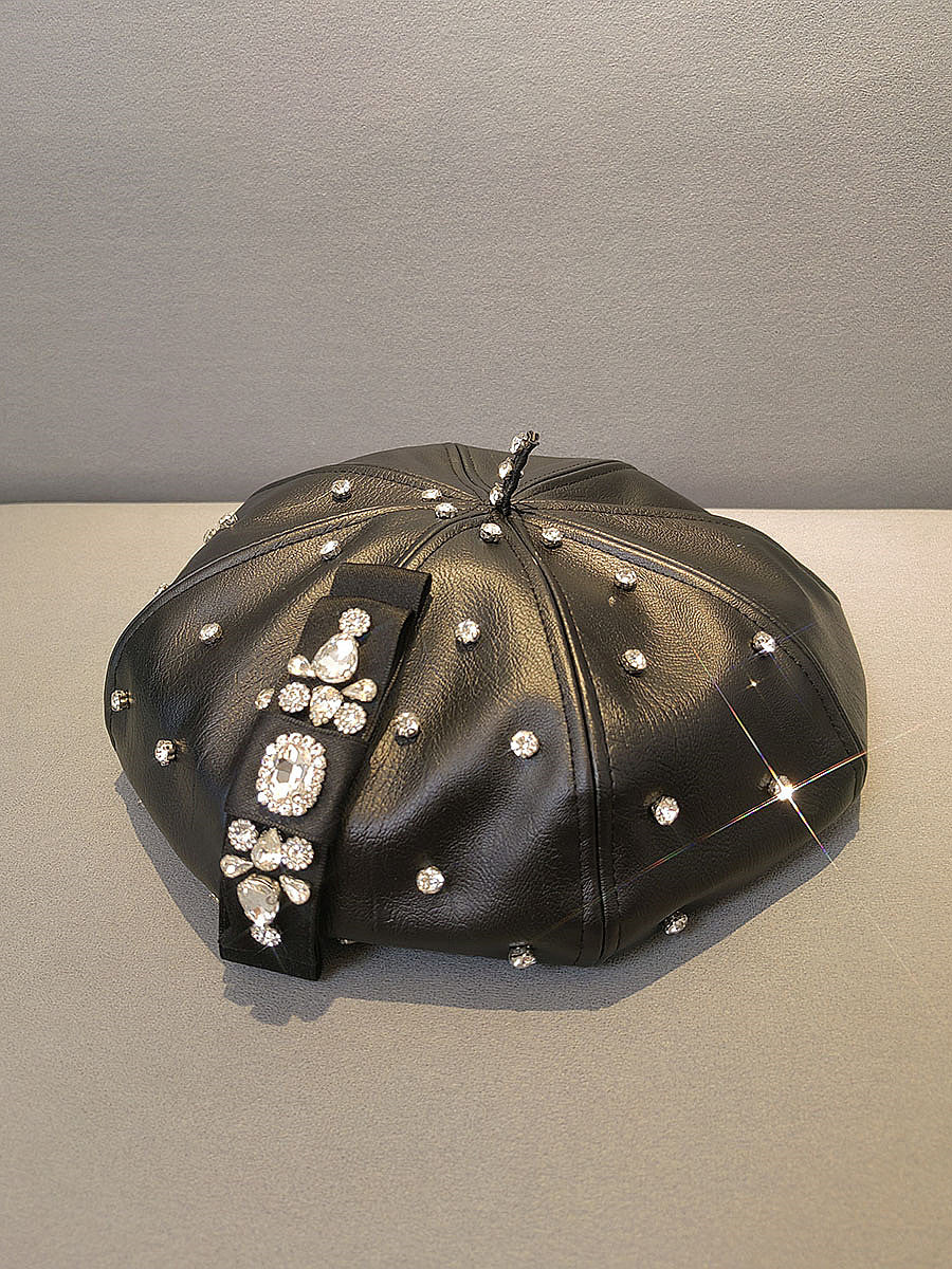 PU Leather Octagonal Hat Korean Style Rhinestone Bow Beret