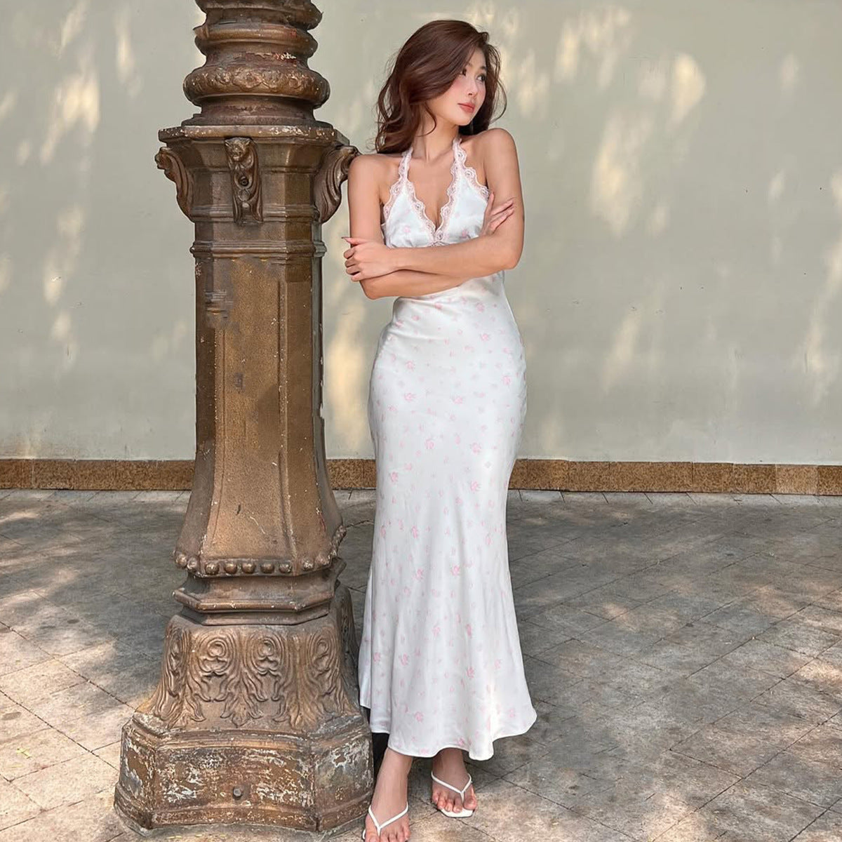 Sexy Halterneck Lace-trimmed Floral Dress For Women
