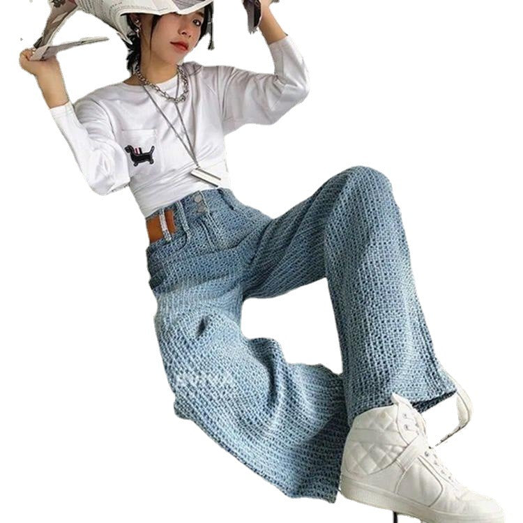 Light Blue High Waist Fashion Wide Leg Braided Jeans