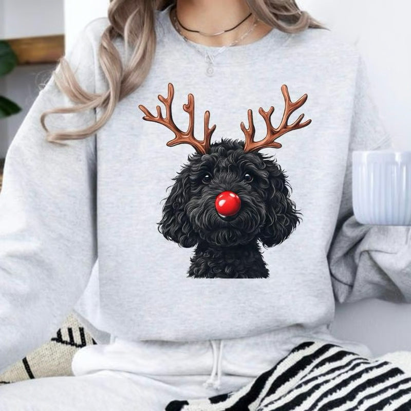 Dame Julesweatshirt med Rund Hals og Kreativt Rensdyr-Hundemotiv