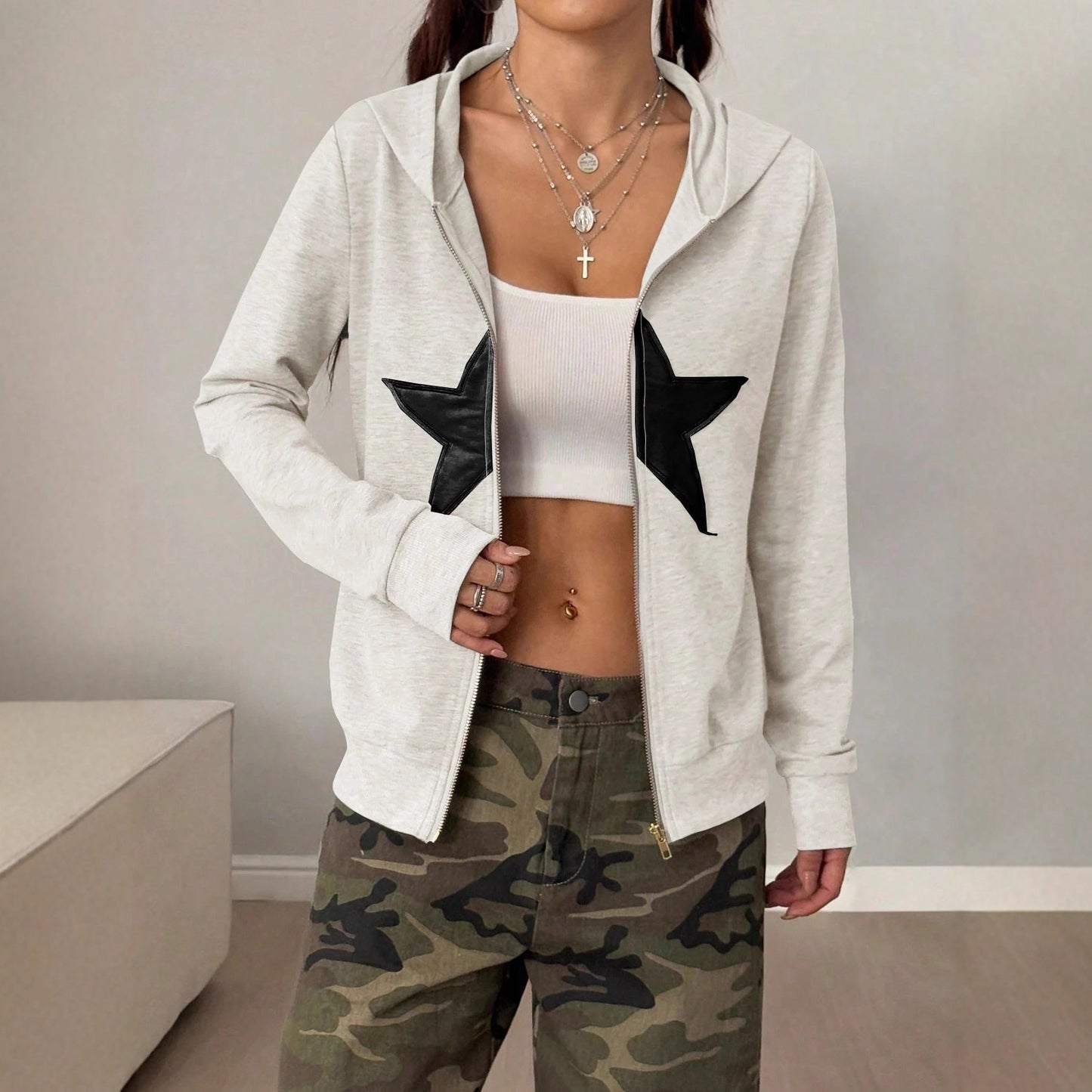 Printed Hooded Stylish Zip-up Cardigan Comfortable Commuting Sweatshirt Jacket