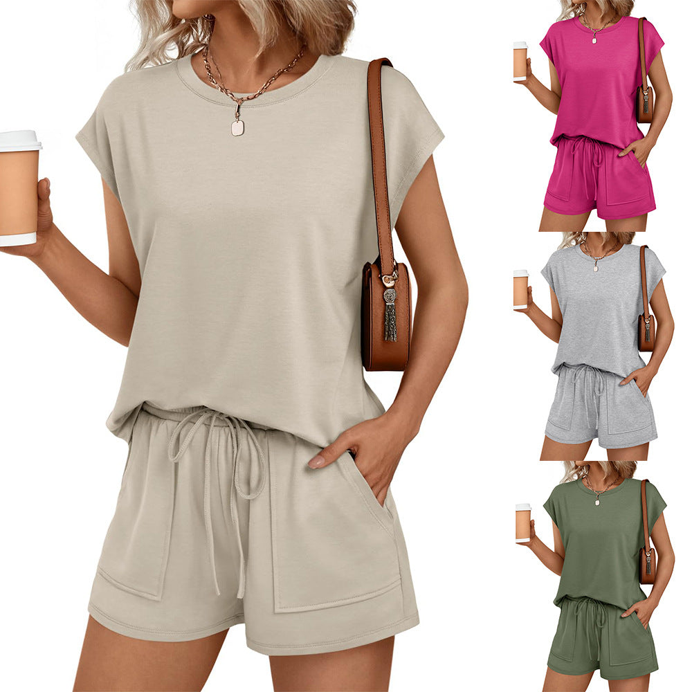 Women's Fashionable Casual Two-Piece Set Crew-Neck Short-Sleeve Top And Shorts