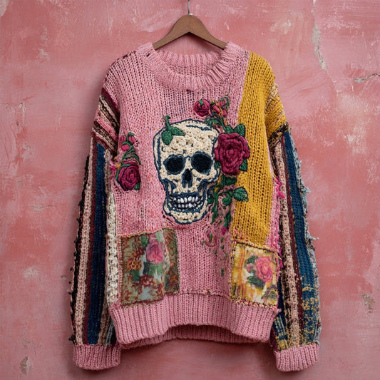 Women's Loose Retro Printed Round Neck Anti Knitting Sweater