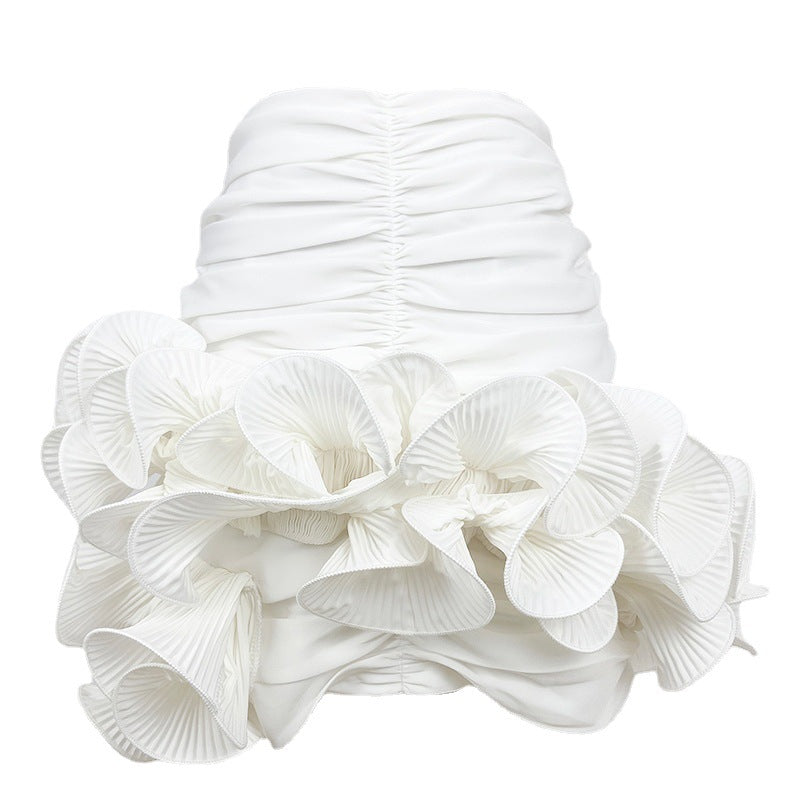 Skirt A- Line French Minority Design Heavy Industry Satin Pleated Three-dimensional Flower Hip Skirt