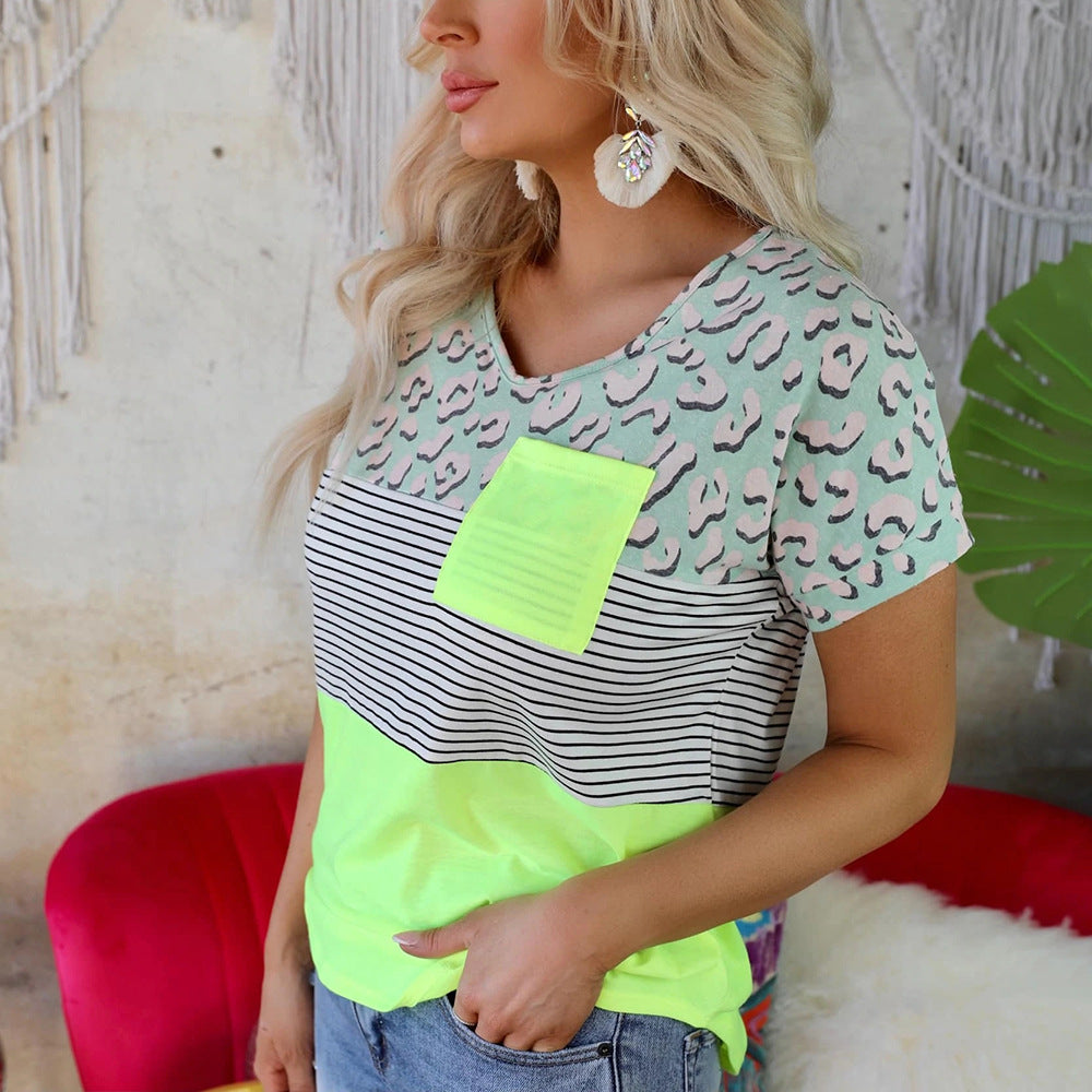 European And American Striped Print Short-sleeved Round Neck Pocket Stitching Casual T-shirt