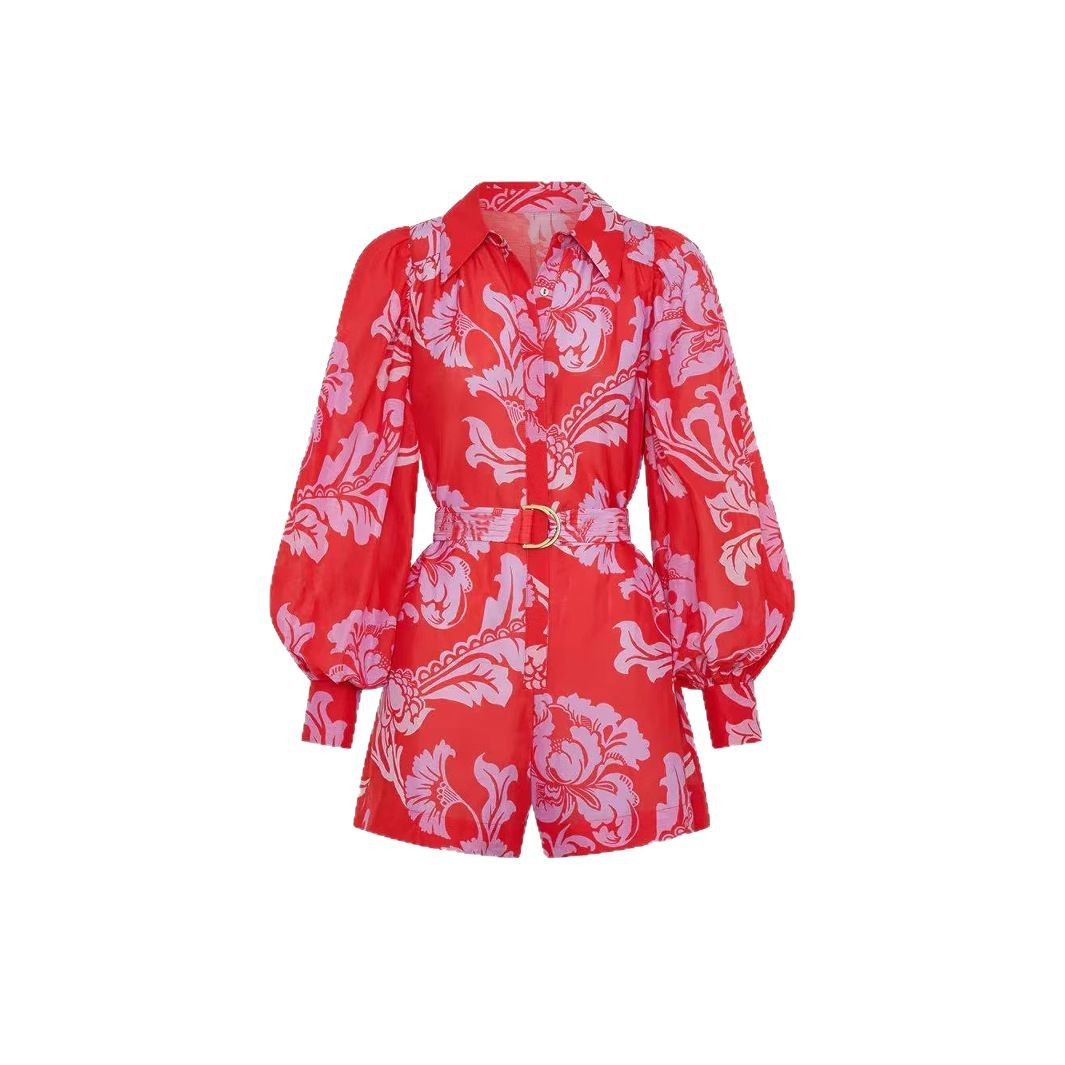 Løs afslappet jumpsuit til kvinder med pufærmer og snøre i hør