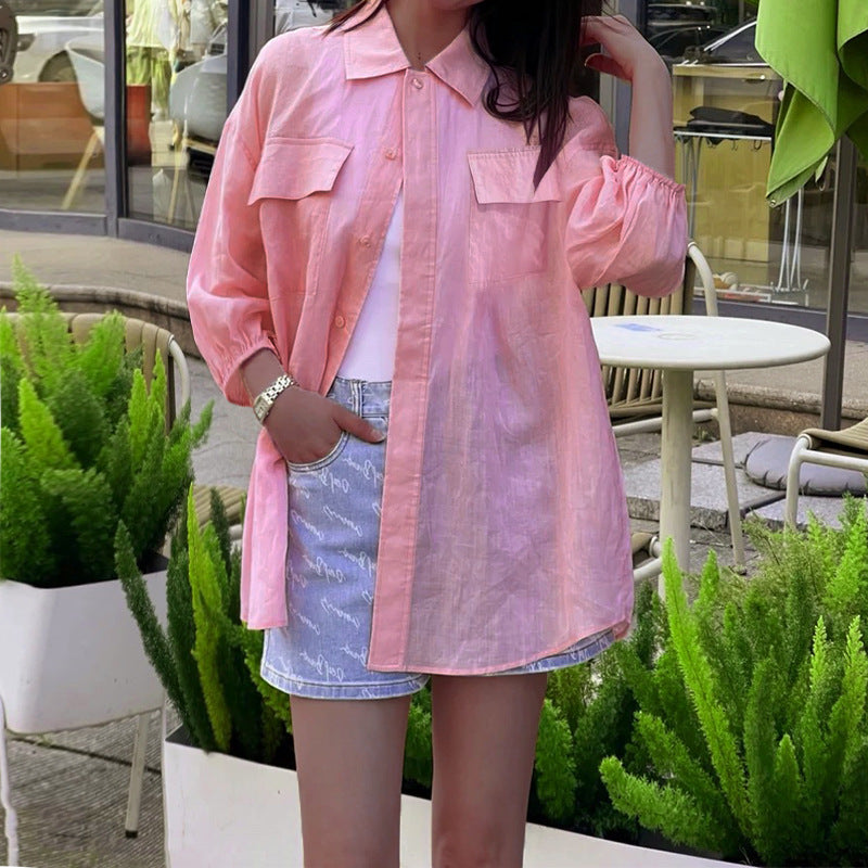 Fashion Personality Solid Color Long Sleeve Loose Cotton-linen Shirt