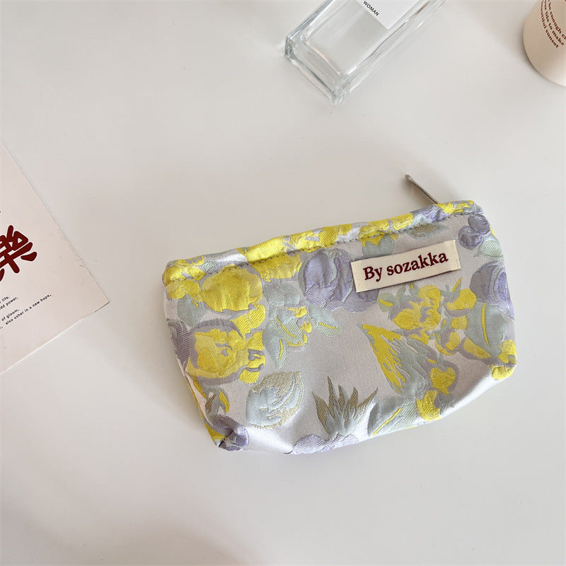 French Relief Flower Makeup Simple Portable Handbag Casual Mobile Phone Handheld Bag