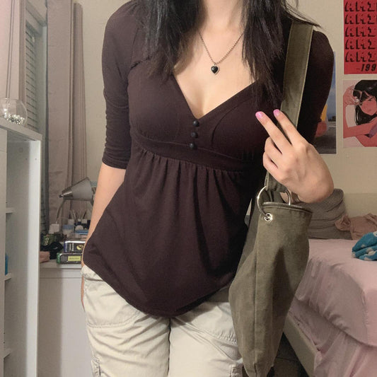 Summer Pure Color Tight Casual Waist Tight V-neck Pullover Top