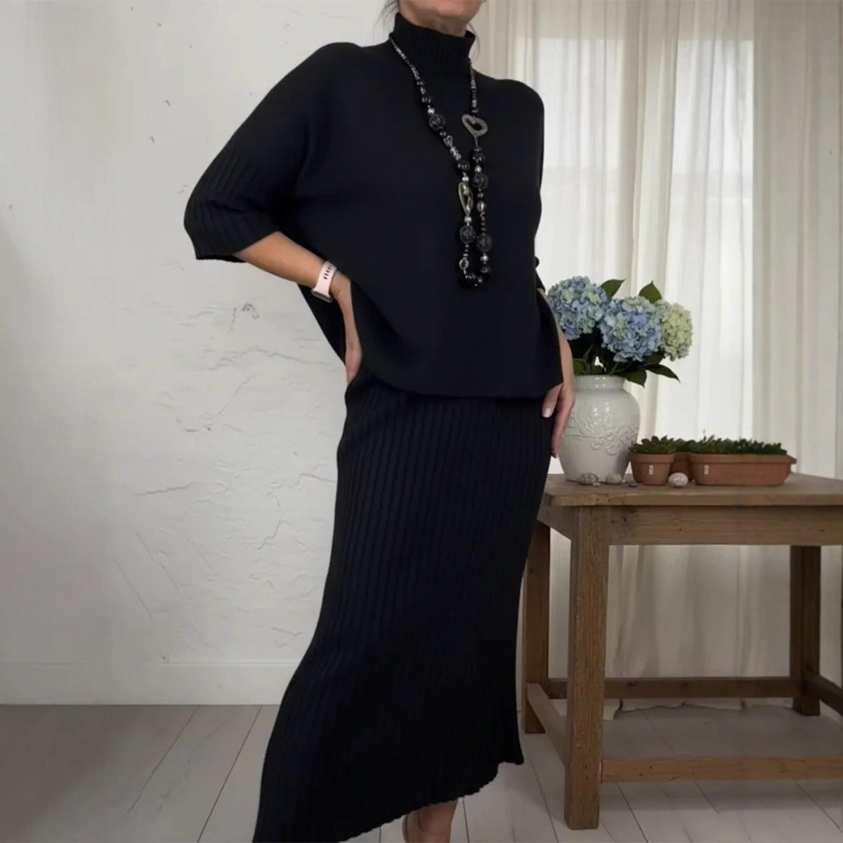 Womens Solid-Color Elegant High-Neck Knitted Sweater And Skirt Two-Piece Set