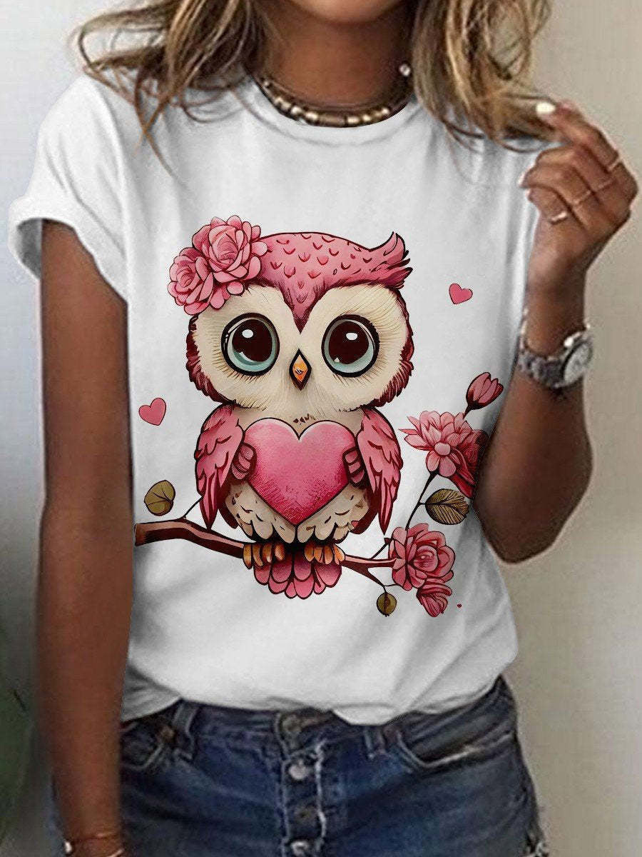 Cute Owl Pattern 3D Printed Round Neck Short Sleeve