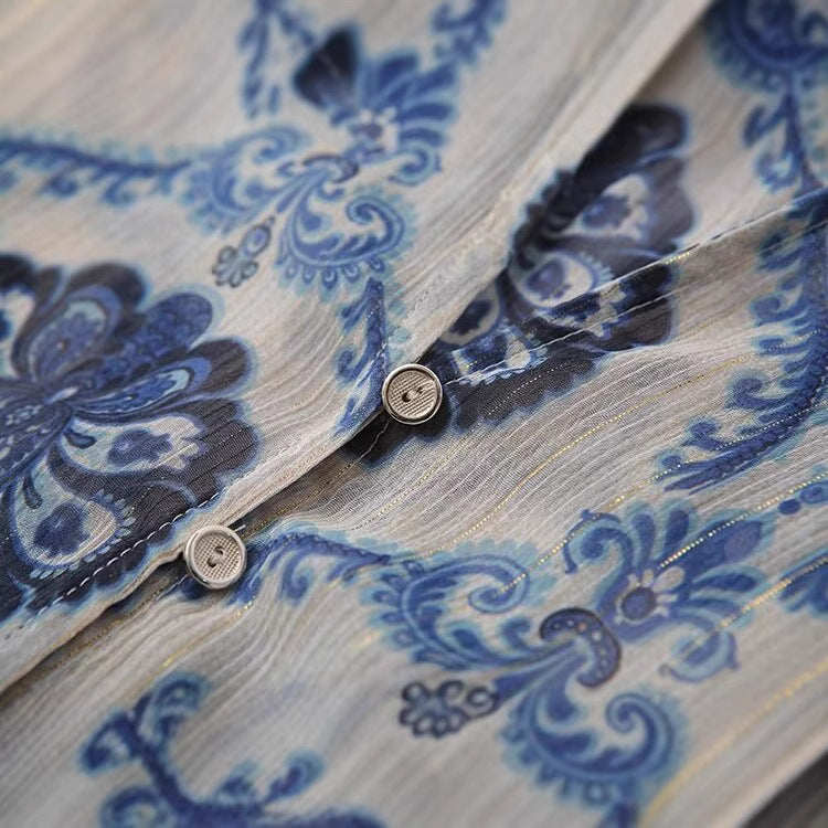 Langærmet løs casual skjorte til kvinder med metallic-print