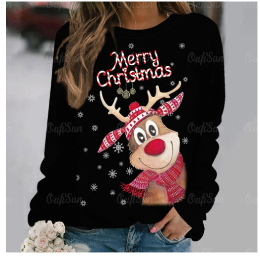 Autumn And Winter Ladies Funny Print Christmas Holiday Casual Round Neck Sweater