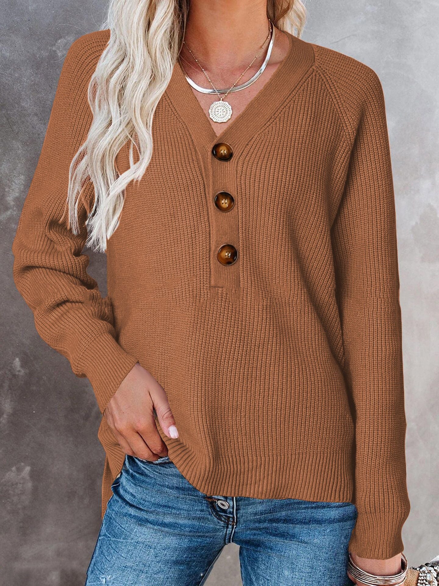 Ny knap Ny strikket V-hals-sweater til damer