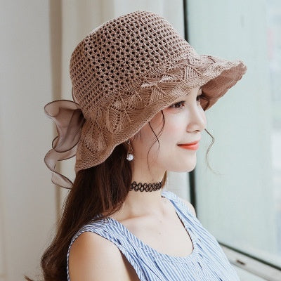 Women's Satin Bow Cotton Linen Sun Hat Foldable