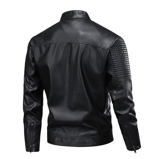 Mens Stand-Up Collar Leather Jacket Slim-Fit Leather Biker Coat For Men