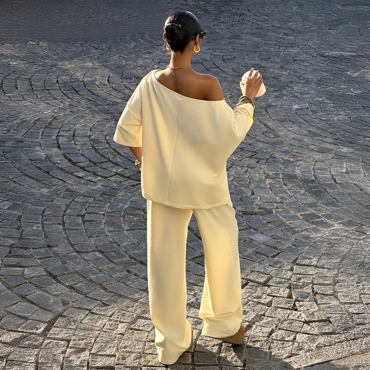 SpringSummer European And American Retro Sassy Off-Shoulder Mid-Rise Loose Wide-Leg Jumpsuit Set
