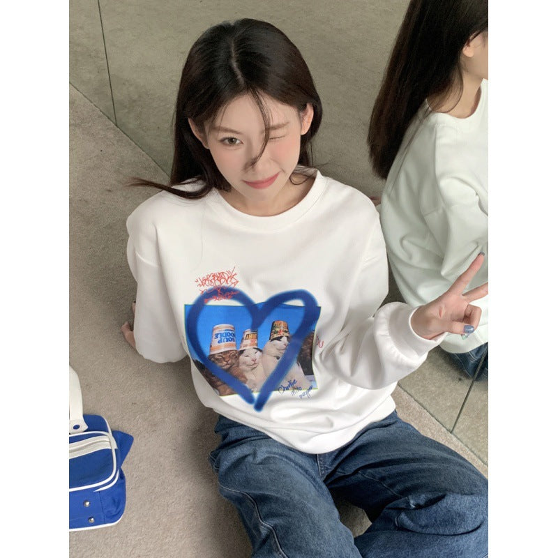 American Retro Loves And Cats Slim Long Sleeve Top