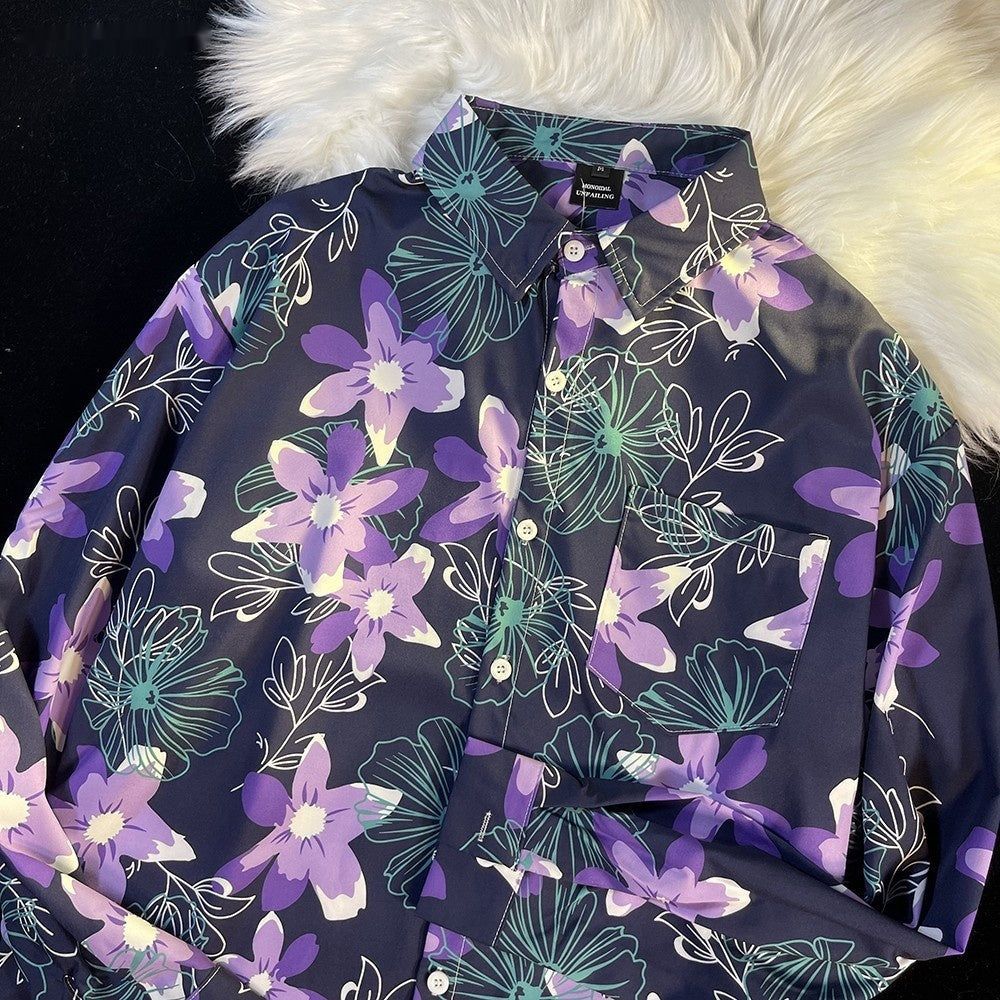 Hong Kong Style Printed Shirt Men's And Women's Loose Long Sleeves