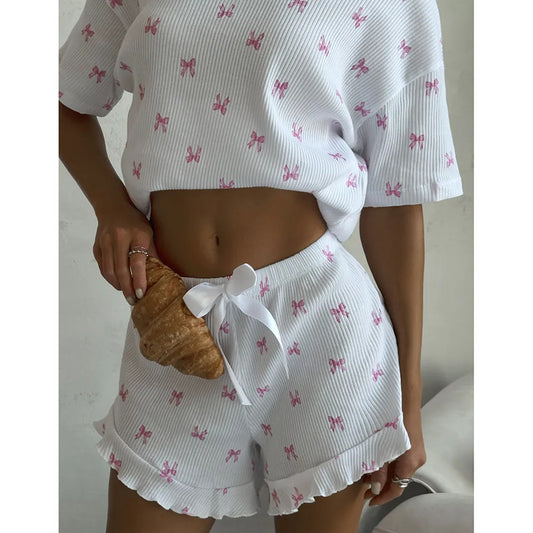 Casual Women's Home Bow Print Short Sleeve Lace Shorts Set