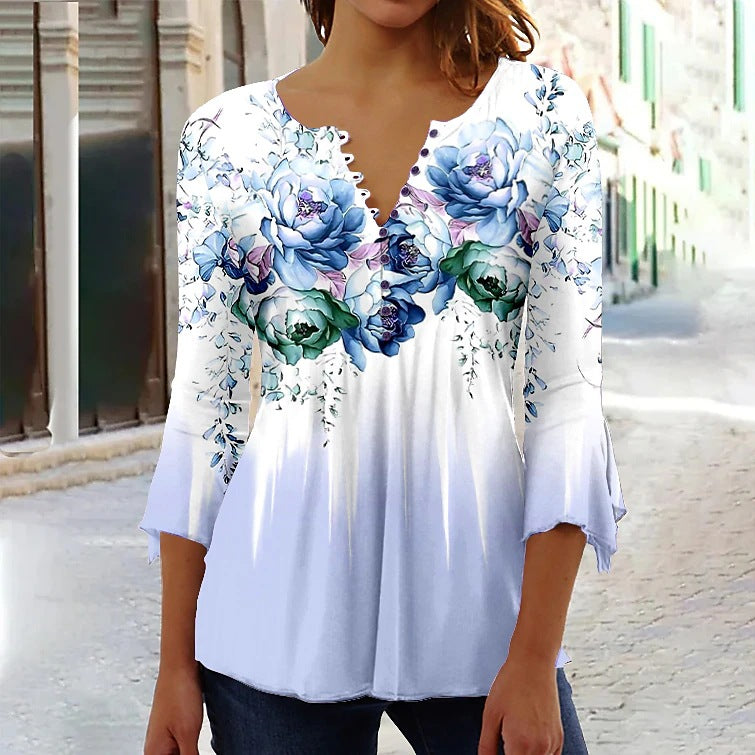 Bluse til kvinder med blomstret print, 3/4 ærmer, V-hals og knapper
