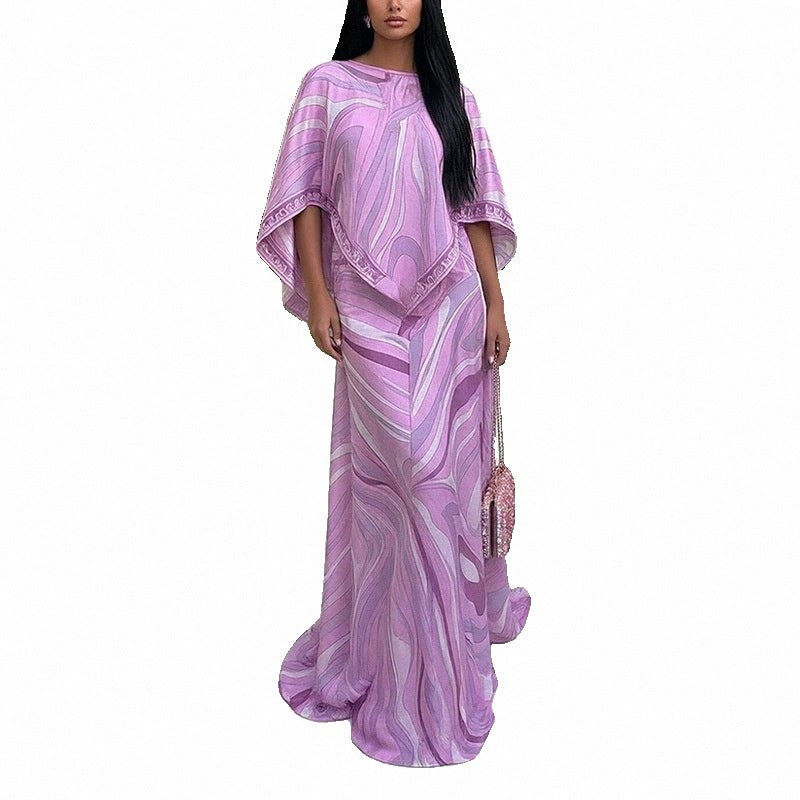 Womens Stylish Versatile Contrasting-Color Printed Irregular Long Skirt Set