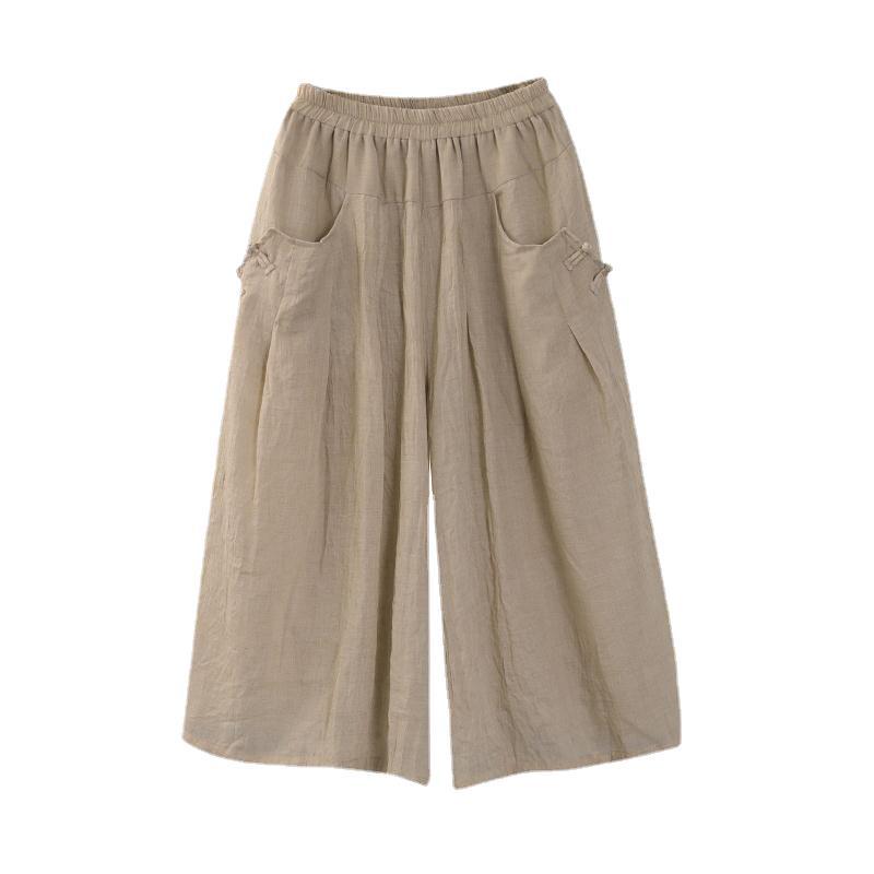 Retro Buckle Casual Thin Cotton And Linen Cropped Wide-leg Pants For Women