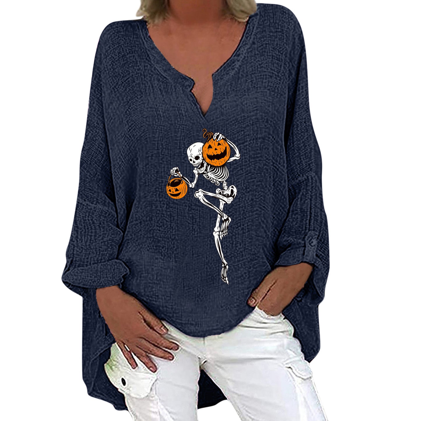 Halloween-tema print V-hals bomuldslinned langærmet skjorte til kvinder