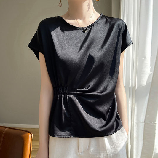 Crew-neck Simple All-match Drawstring Short-length Short-sleeve T-shirt
