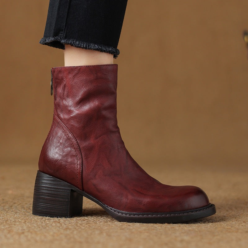 French-Style Retro Brown Round-Toe Ankle Boots