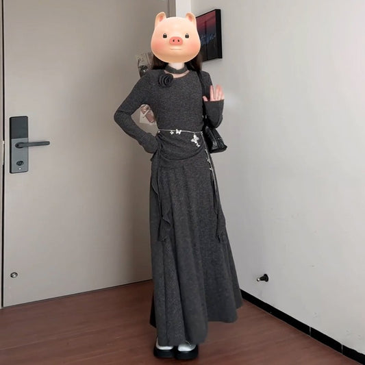 Lady's Fashion High-end Neck-hanging Knit Long Dress Set