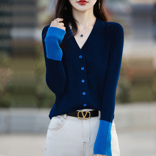 V-neck Color Stitching Knitted Cardigan Coat Loose Thin Slimming Women's Sweater
