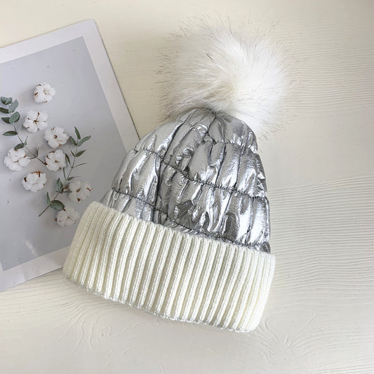 Women's Down Shiny Knit Hat With Fur Ball