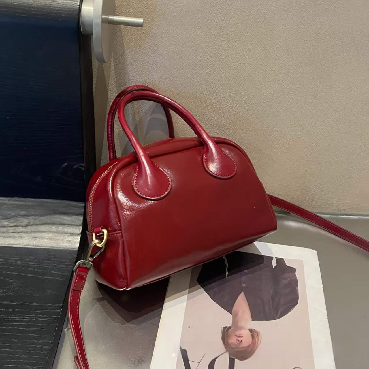 Alsidig Ægte Læder Udsøgt Håndholdt Crossbody Mini Lille Bowlingtaske