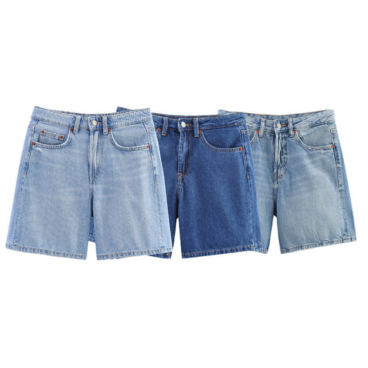 Summer European And American Style Initial Color Mid Waist Casual Denim Shorts