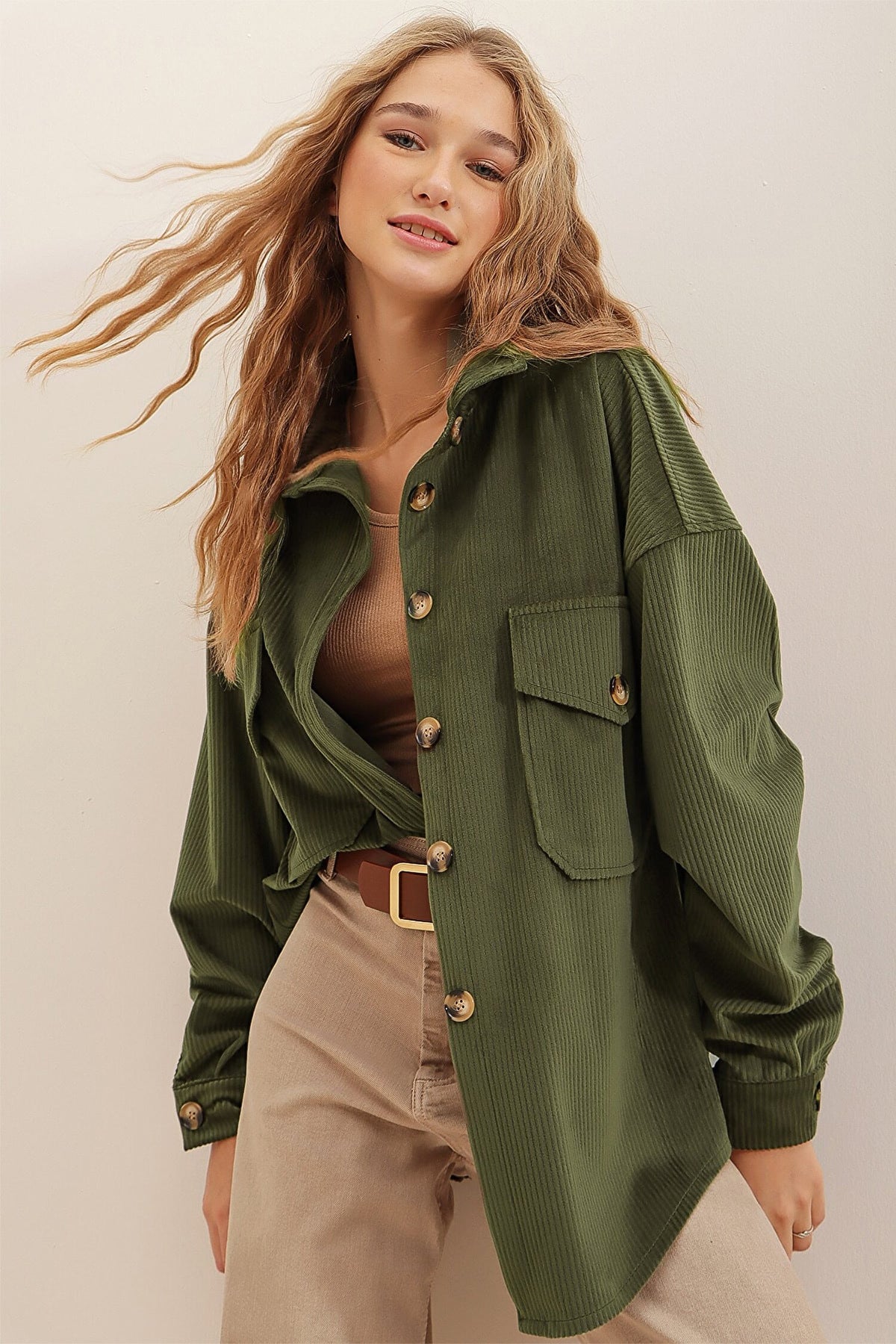 Women's Corduroy Pocket Long Sleeve Coat