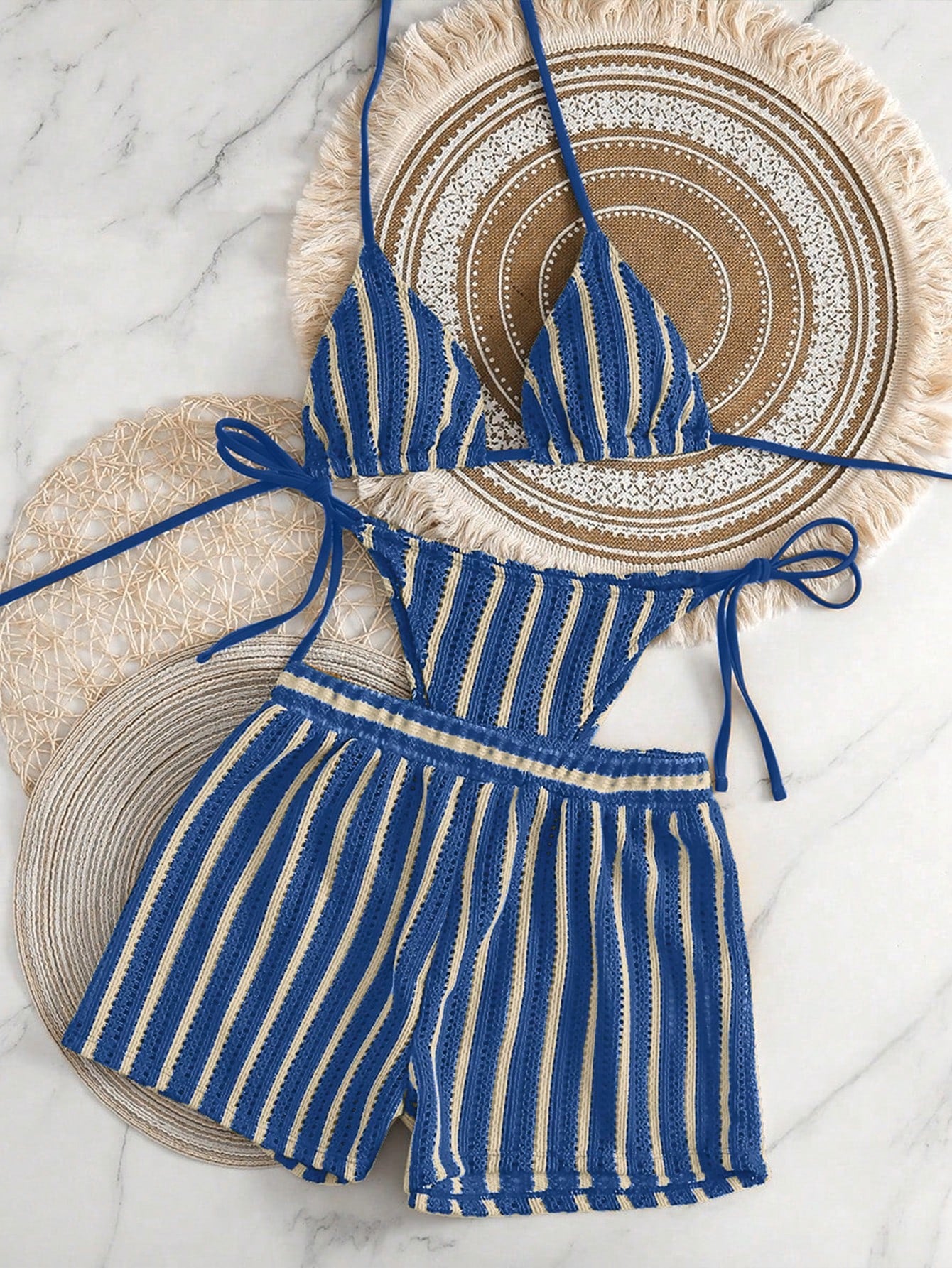 Womens Sexy Woven Bohemian Bikini Three-Piece Set