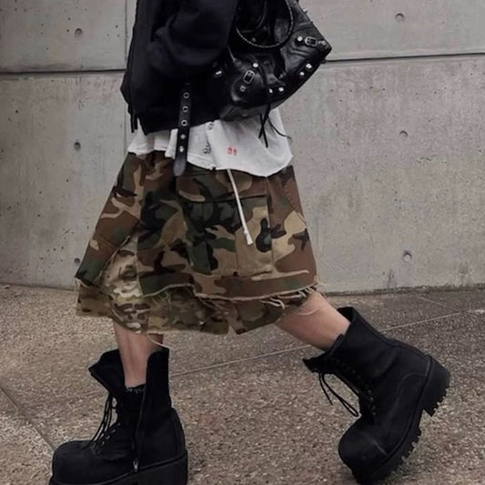 Womens New Silhouette Fake Two-Piece Camouflage Color-Block Denim Cropped Shorts