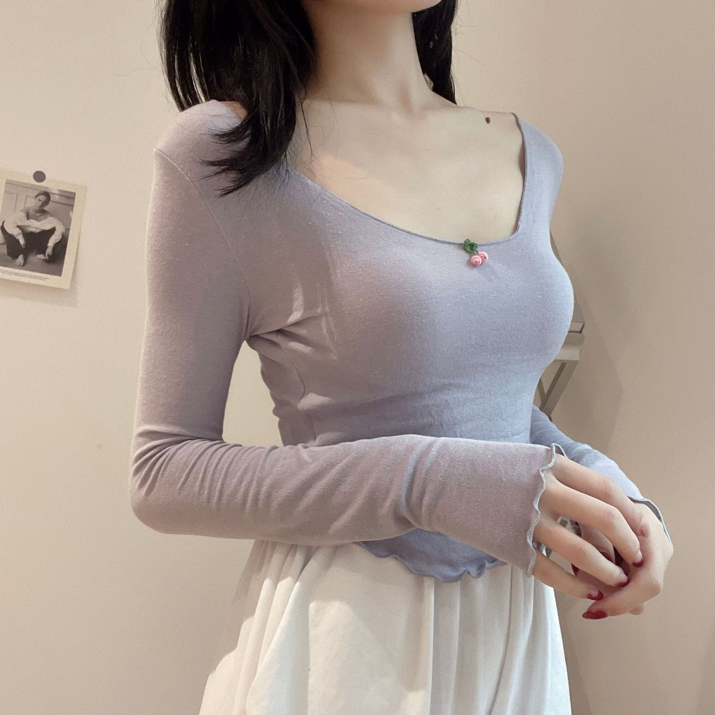 Women's Pure Desire Soft Waxy Cherry Fungus Edge Long Sleeve