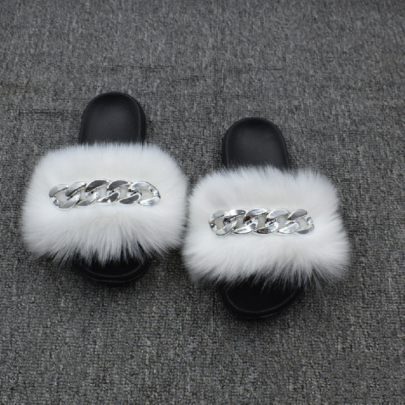 Fur Fur Slippers Chain Faux Fur Flip Flops