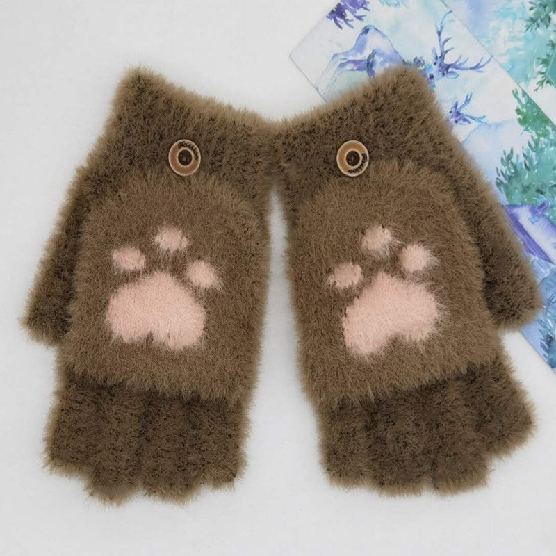 Gloves Women's Warm Cute Half Finger Gloves Imitation Mink Cat Claw Flip Yarn Fingerless Gloves