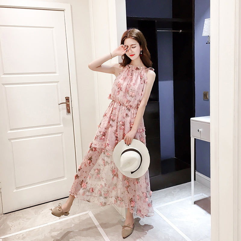 Sleeveless Suspender Floral Chiffon Dress For Women