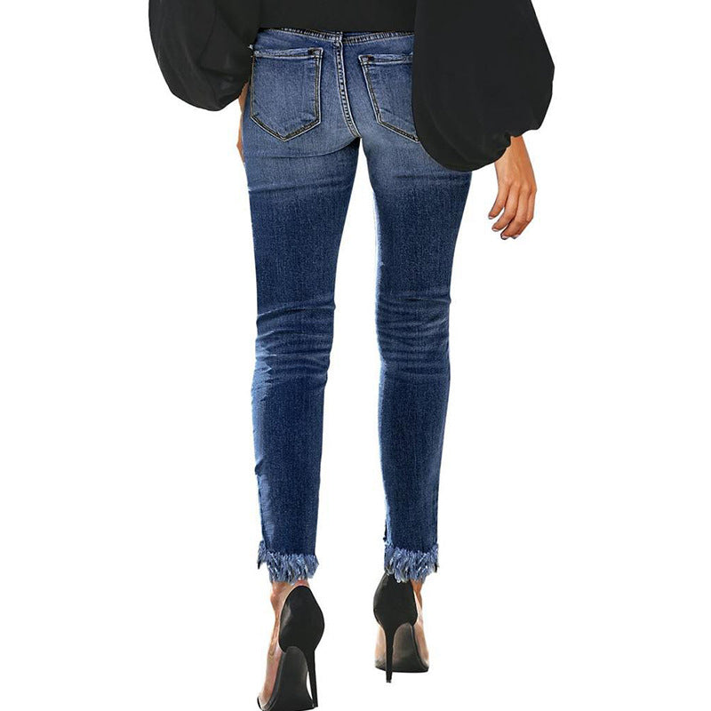 European and American Frayed Slim Ankle Jeans