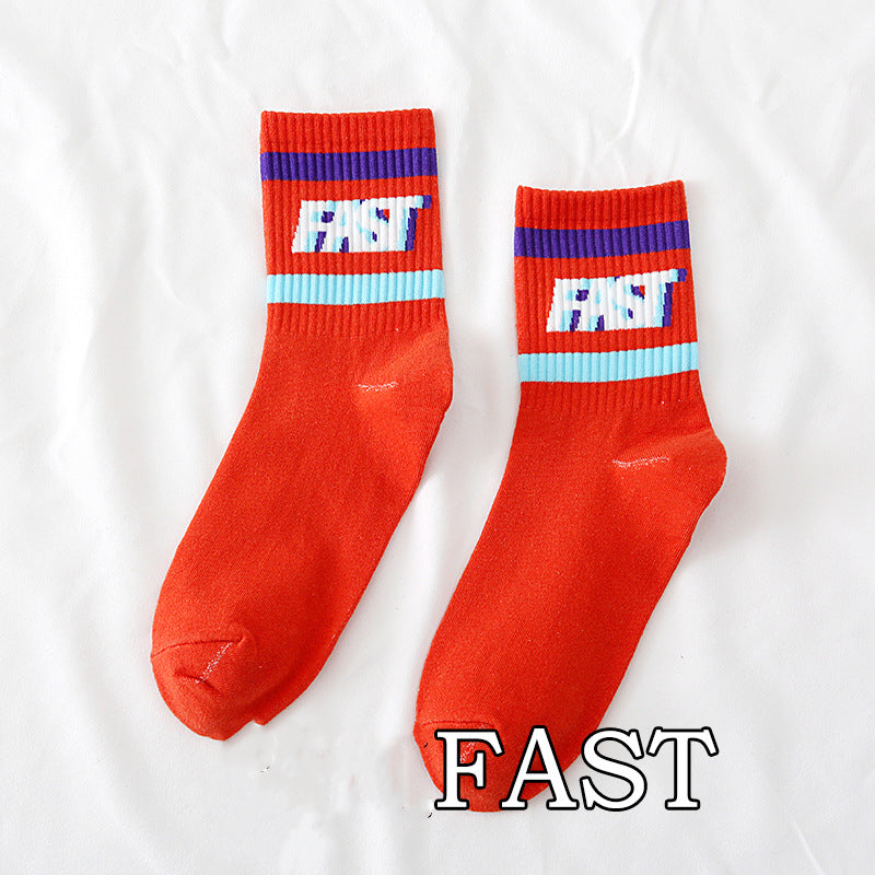 Spring And Autumn Ladies New Mid-calf English Letters Wide Stripe Combination Ins Trend Athletic Socks Combed Cotton Women's Socks Manufacturer