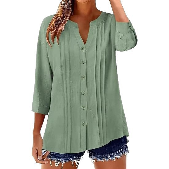Pleated Casual Solid-Color Loose Cotton-Linen Shirt