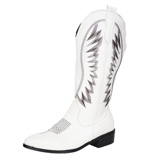 Embroidered V-Neck Mid-Calf Boots In Western Cowboy Style, European And American Style