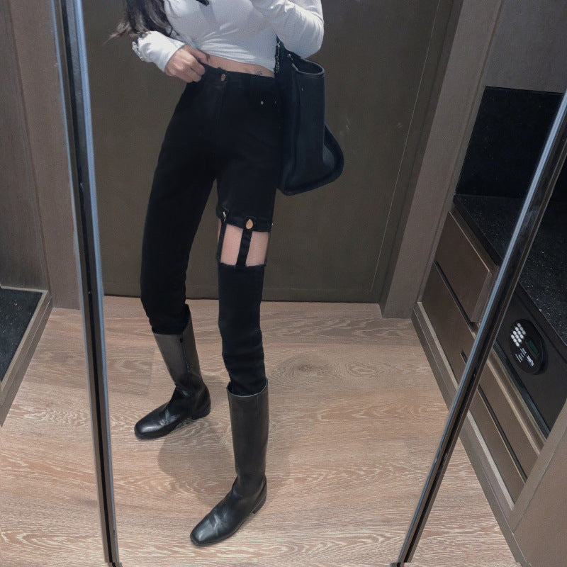 Hollow Tide High Waist Slimming Denim Daddy Pants Women