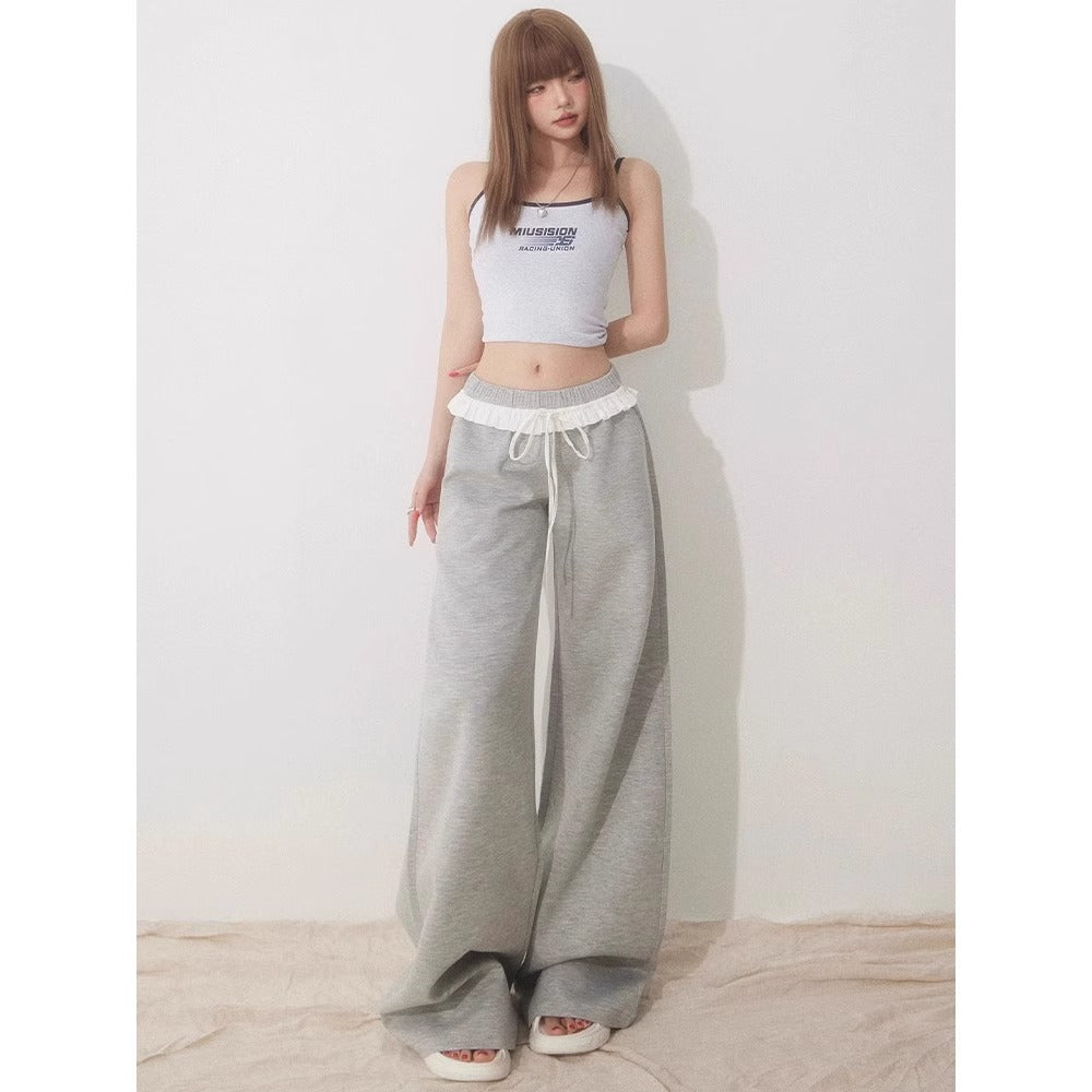 Womens High-waisted Straight-leg Pants With Lace Trim And Patchwork