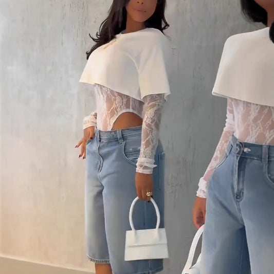 Round-neck Long-sleeve Irregular Top Lace Jumpsuit Two-piece Set